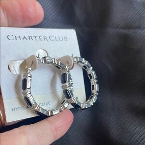 Charter Club Silver and Black Hoop Earrings